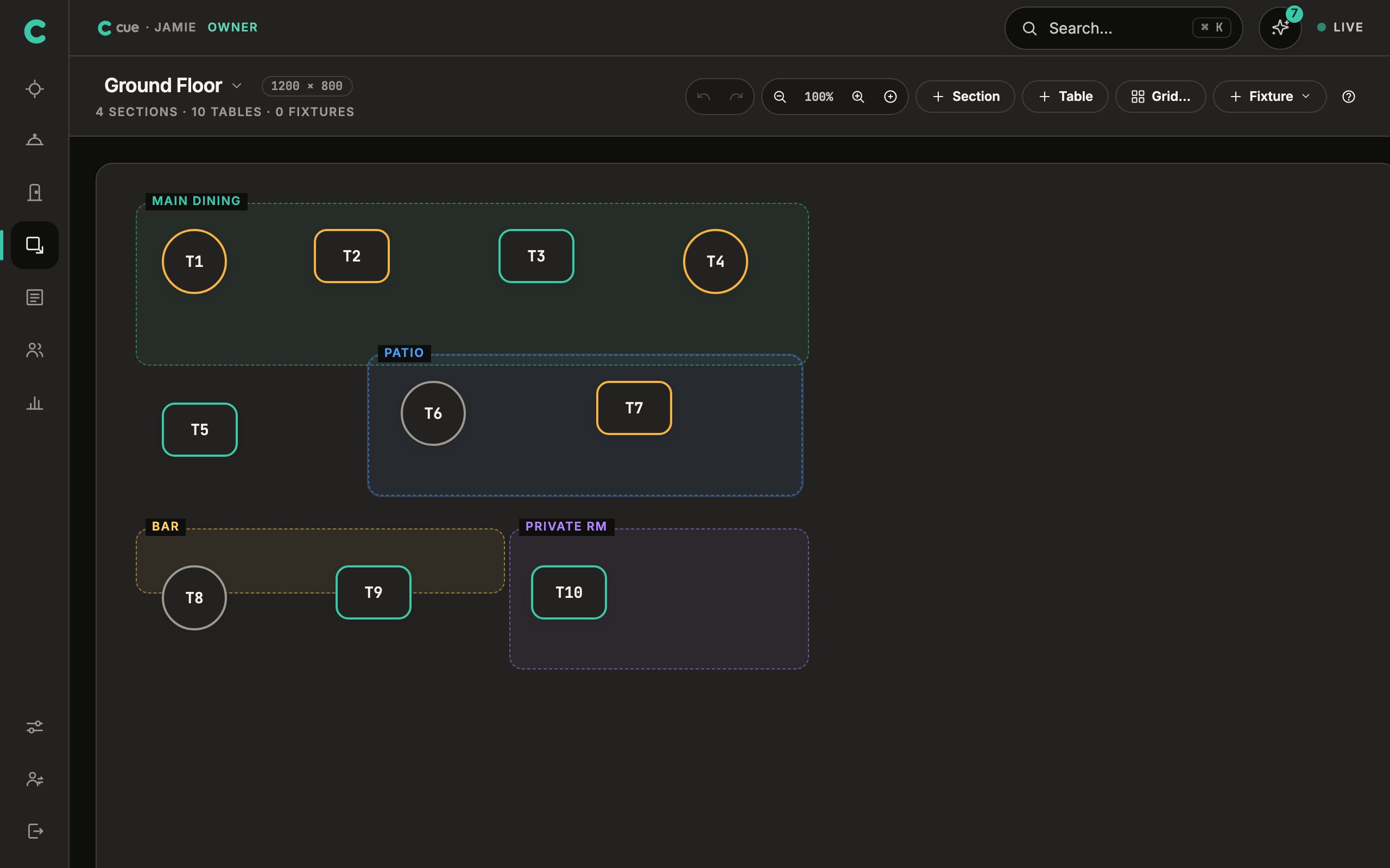 Floor editor: four coloured sections containing ten tables of different shapes, with a toolbar for adding sections, tables and fixtures.