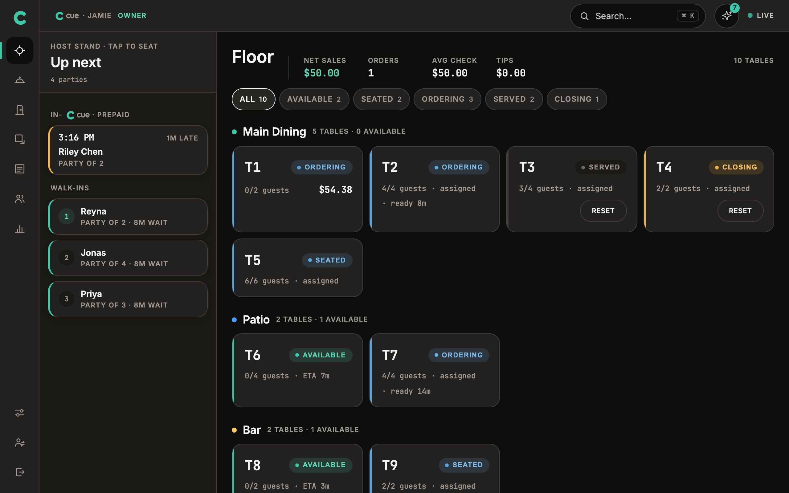 Floor screen: tables grouped by section with status pills and open check totals, and a host rail showing walk-ins.
