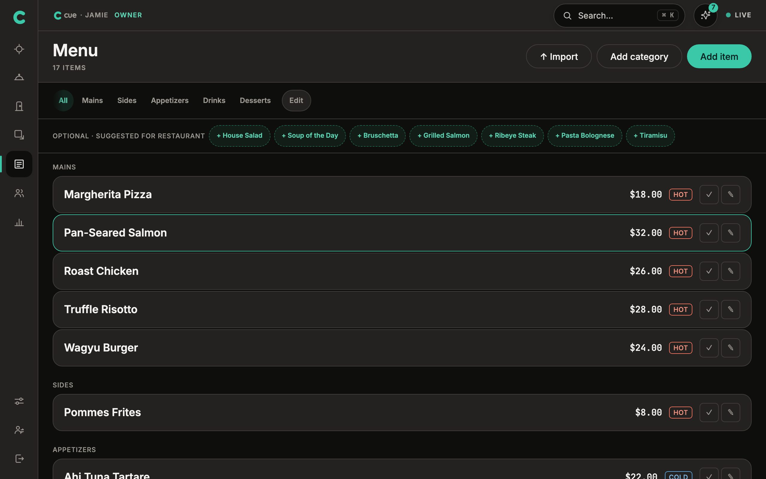Menu screen: items grouped by category with prices, station assignments and availability toggles.